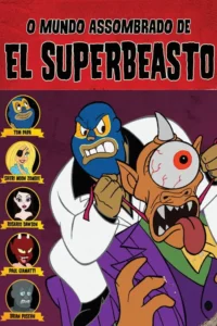 Pôster animado:Lutador mascarado azul furioso segura um monstro ciclope laranja assustado. Clima de terror cômico e ação vibrante.