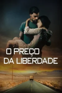 Casal se abraça sob céu tempestuoso. Abaixo,estrada desértica com caminhão no horizonte,ao pôr do sol. Clima de drama e jornada.