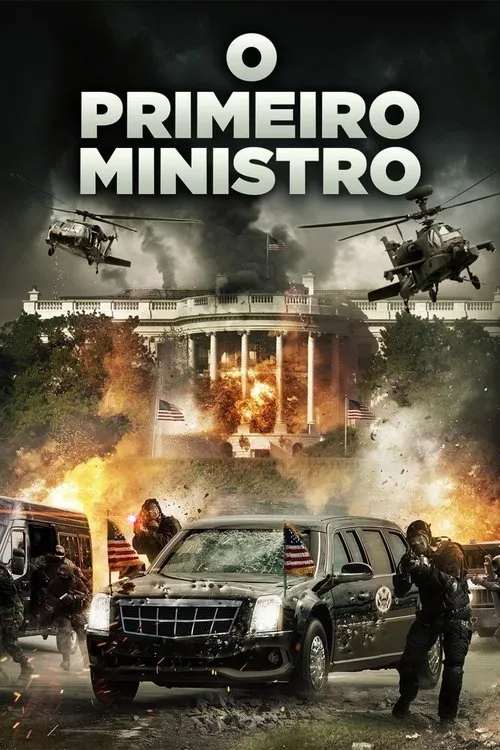 Pôster de ação: Casa Branca em chamas e fumaça, helicópteros de combate. Guardas armados protegem uma limusine danificada em meio a explosões. Cenário caótico e intenso.