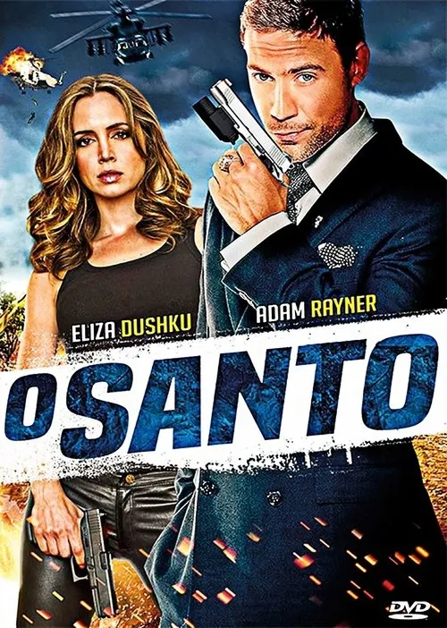O Santo 1 Pôster de ação. Homem de terno e mulher séria,ambos com armas em punho. Fundo com helicópteros e explosão. Clima intenso e perigoso.