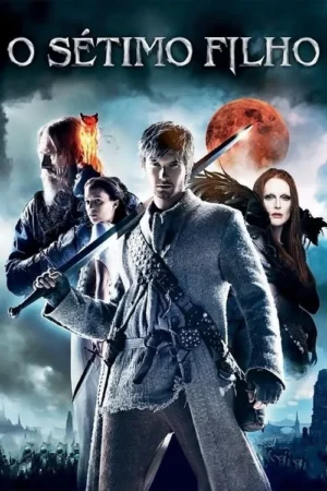 Pôster com guerreiro de espada, um velho flamejante, uma jovem e uma bruxa. Fundo de cidade em ruínas sob lua de sangue.