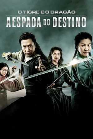 Pôster com quatro guerreiros asiáticos em roupas tradicionais, armados com espadas e adagas, em poses de luta. Fundo escuro e intenso.