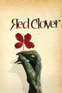 Mão escamosa verde-escura segura um trevo de quatro folhas vermelho em pôster envelhecido. Clima misterioso e sinistro.