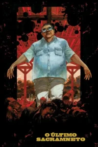 Um homem de óculos escuros e camisa azul,braços abertos,domina pessoas ajoelhadas. Fundo vermelho com vigas e manchas escuras. Atmosfera sombria.