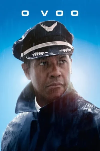 Pôster: homem negro em uniforme de piloto encharcado pela chuva, com olhar sério, contra um céu azul claro. Atmosfera tensa.