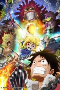 Pôster anime de ação. Múltiplos personagens expressivos lutam em cenário explosivo,com esfera dourada central e correntes. Clima intenso e aventureiro.