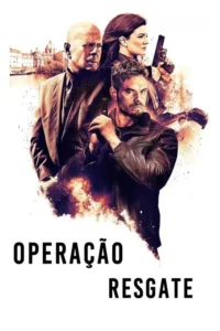 Pôster com três personagens sérios:um homem careca,uma mulher com arma e um homem barbudo com arma,contra fundo de cidade e explosões. Clima de ação e suspense.