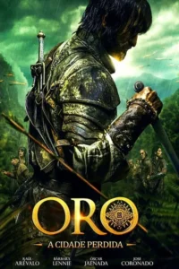 Guerreiro barbudo em armadura,com espada,lidera exploradores em floresta chuvosa. Flechas voam. Aventura perigosa.