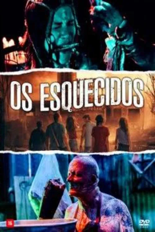 Pôster: Mulher angustiada amordaçada, grupo em cenário pós-apocalíptico, e criatura disforme macabra. Atmosfera sombria de terror.