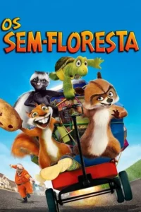 Grupo de animais animados (guaxinim,esquilo) foge em carrinho cheio de comida,perseguido por um homem em rua suburbana. Cena divertida.