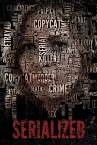 Pôster escuro:um rosto misterioso emerge de palavras como CRIME,MURDER e BETRAYAL. O clima é sombrio e tenso,com texto em vermelho.