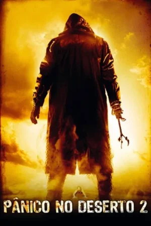 Figura encapuzada e sombria, de costas, em fundo laranja-avermelhado intenso. Segura um objeto pontiagudo. Uma pessoa pequena rasteja no chão, ameaçada.