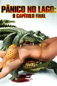 Um crocodilo gigante morde uma mulher de biquíni amarelo de bolinhas na cintura. Sangue no chão. Clima de terror.