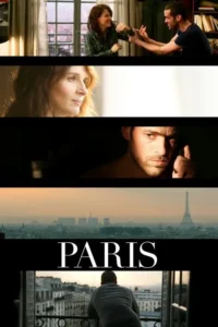 Pôster colagem:Casal sorrindo,closes de rostos pensativos,vista aérea de Paris com Torre Eiffel e homem em varanda.