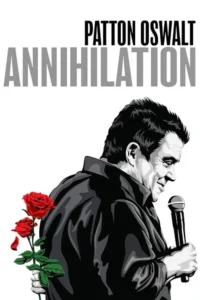 Patton Oswalt: Annihilation 8 Ilustração de um homem sorridente segurando um microfone, com rosas vermelhas atrás. Fundo branco. Estilo gráfico.