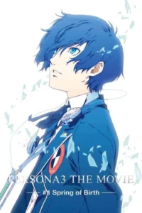 Anime:Jovem de cabelo azul em uniforme escolar e fones,olhando para cima. Fragmentos azuis flutuam num fundo branco.