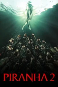 Mulher de biquíni nada em águas escuras,com um cardume de peixes carnívoros de bocas abertas e dentes afiados abaixo dela. Cena de terror.