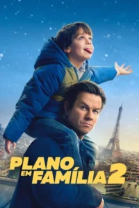 Homem carrega um garoto nos ombros,em Paris nevada. O menino,língua para fora,tenta pegar neve. Ele olha sério.