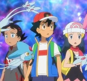 Três jovens (dois meninos, uma garota) e três criaturas mágicas flutuantes olham surpresos em um fundo cósmico azul e roxo.