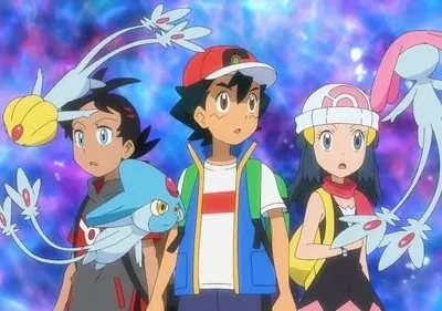 Três jovens (dois meninos, uma garota) e três criaturas mágicas flutuantes olham surpresos em um fundo cósmico azul e roxo.