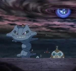 Um monstro de pedra gigante sorridente com pequenas figuras. Céu tempestuoso roxo/preto e um orbe azul brilhante pairam sobre eles.