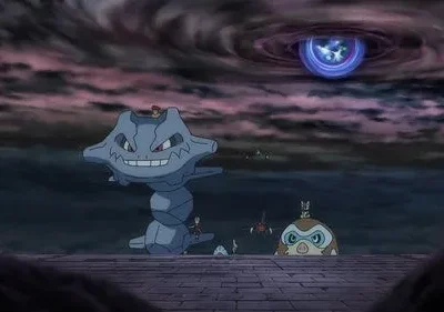 Um monstro de pedra gigante sorridente com pequenas figuras. Céu tempestuoso roxo/preto e um orbe azul brilhante pairam sobre eles.