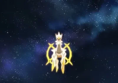 Um ser branco e dourado com arco luminoso flutua no espaço estrelado com nuvens roxas. Uma visão poderosa e celestial.