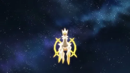 Um ser branco e dourado com arco luminoso flutua no espaço estrelado com nuvens roxas. Uma visão poderosa e celestial.