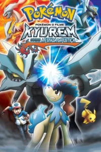Pôster animado:Garoto,Pikachu e pônei azul contra dragão cinza gigante. Dois dragões voam em fundo vermelho e azul. Cena de ação vibrante.