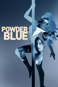 Pôster azul-acinzentado. Silhueta de mulher em pole dance com quatro rostos fragmentados (3 homens,1 mulher) inseridos. Clima dramático.