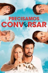 Pôster vibrante com seis pessoas em um céu azul. Quatro (duas invertidas) cobrem a boca,chocadas. Um casal sério,a mulher pede silêncio.