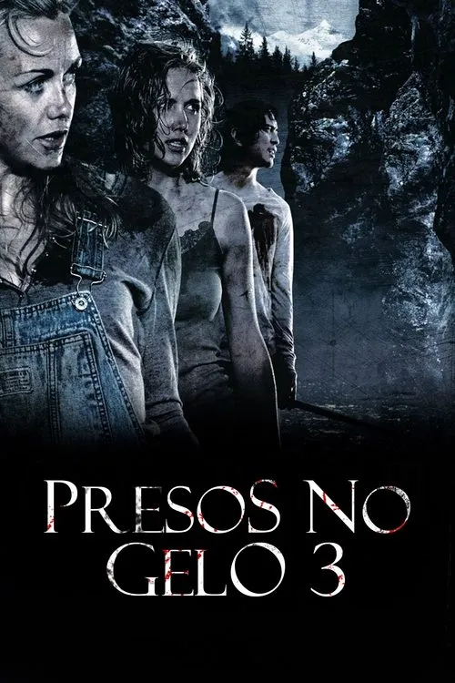 Três figuras sujas e tensas (duas mulheres, um homem ensanguentado) num cenário montanhoso escuro e rochoso. Clima de perigo.