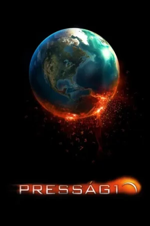 Pôster de ficção científica: a Terra rachando e expelindo números incandescentes e luz laranja, contra um fundo escuro. Clima apocalíptico.