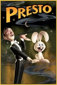 Presto 6 Mágico sorridente de smoking levita um coelho branco feliz e brilhante. Fundo noturno mágico com fumaça,luas e estrelas.