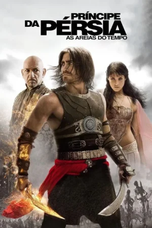 Guerreiro com armadura e facas, ladeado por mulher e homem careca. Fundo de batalha com esqueletos. Clima de aventura e mistério.