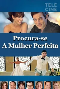 Pôster de comédia:casal sorridente,cena caótica de casamento com noiva e noivo frustrado correndo. Seis rostos adicionais.
