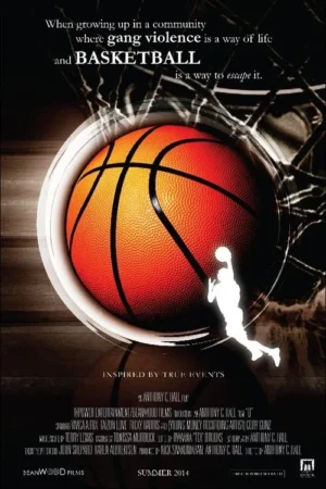 Pôster escuro com bola de basquete laranja vibrante, jogador em silhueta pulando e rede no fundo. Clima intenso de esporte e drama.