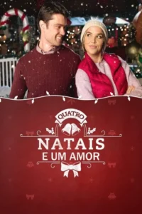 Casal sorridente em cenário natalino com neve. Ele de suéter vermelho, ela com colete rosa e touca. Clima romântico e festivo.