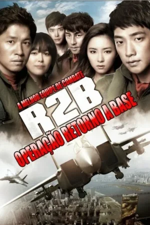 Seis asiáticos com jaquetas de voo e expressões sérias. Jatos de combate sobrevoam uma cidade. Pôster de ação militar e drama.