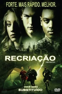 Pôster sombrio:Três jovens com olhares sérios sobre uma floresta. Abaixo,correm na chuva sob raios perto de uma tenda. Ação e mistério.