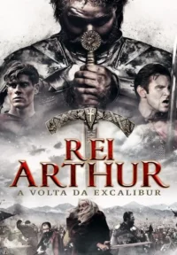 Pôster épico com homem barbudo segurando espada,outros guerreiros,e batalha medieval. Ação,mistério e fantasia sombria.