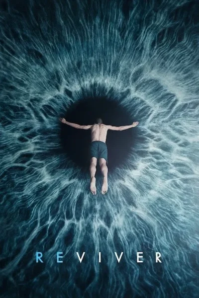 Homem flutuando de costas com braços abertos no centro de um grande olho azul-esverdeado. A pupila é um vazio escuro. Atmosfera misteriosa e profunda.