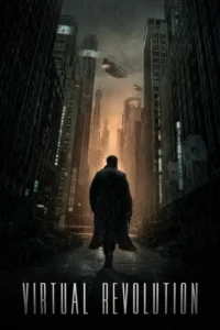 Homem em gabardine na rua chuvosa de uma cidade futurista escura. Prédios altos iluminados,veículos voadores e néon. Clima sombrio.