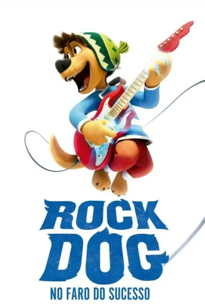 Cão animado e sorridente com chapéu verde toca guitarra elétrica vermelha com brilho azul. Fundo branco, energia rock.