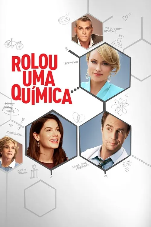 Pôster com 5 atores em hexágonos interligados. Fundo branco com símbolos de química,corações e equações. Clima leve e romântico.