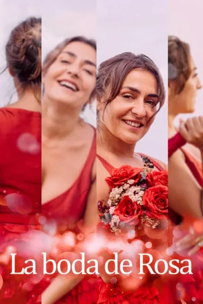 Pôster vibrante: mulher sorridente em várias poses, vestindo vermelho com buquê de rosas. Ambiente alegre e festivo.
