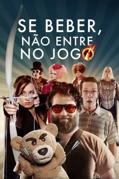 Pôster cômico com 7 personagens em fantasias diversas. Uma atira flecha, um barbudo de óculos segura um urso com flechas, outro chocado. Clima de paródia.