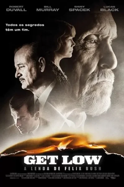 Pôster escuro. Quatro rostos, de um homem idoso barbudo a um jovem, sobrepostos. Papel queimando na base. Clima misterioso e dramático.