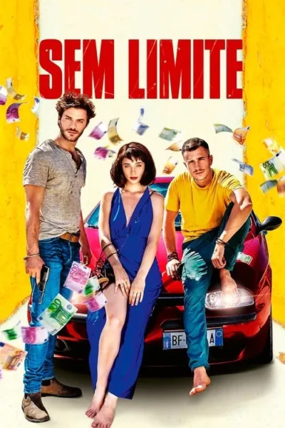 Três jovens em poses confiantes, com notas de Euro voando, um carro vermelho e arma. Fundo amarelo. Clima de aventura e crime.