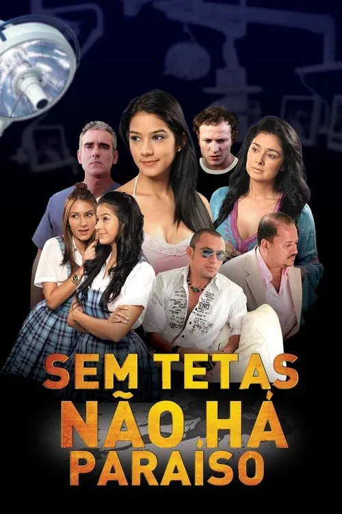 Pôster dramático com jovens mulheres, homens e mulher mais velha. Fundo escuro com uma luz de sala cirúrgica no topo.
